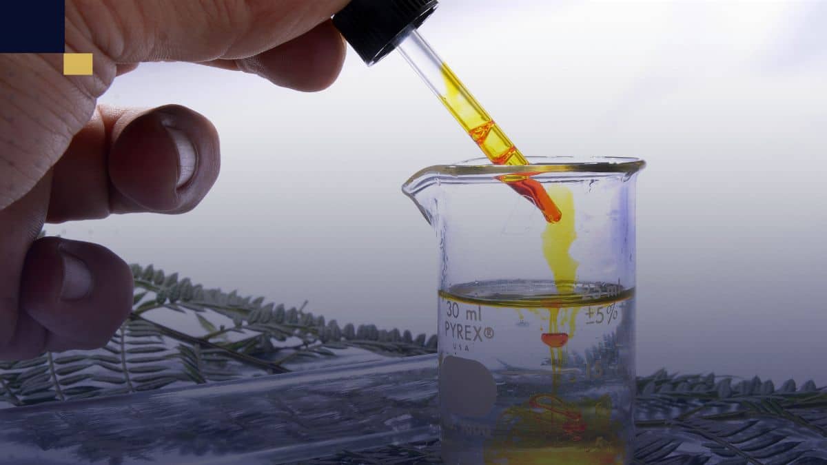 Experimento científico con pipeta y vaso medidor en laboratorio para investigación académica.