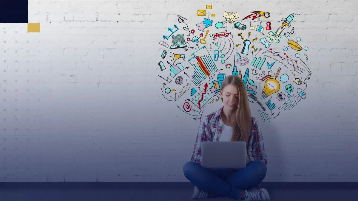 Joven estudiante sentada en el suelo con laptop, rodeada de iconos de ciencia e investigación, simbolizando creatividad y análisis en proyectos académicos.