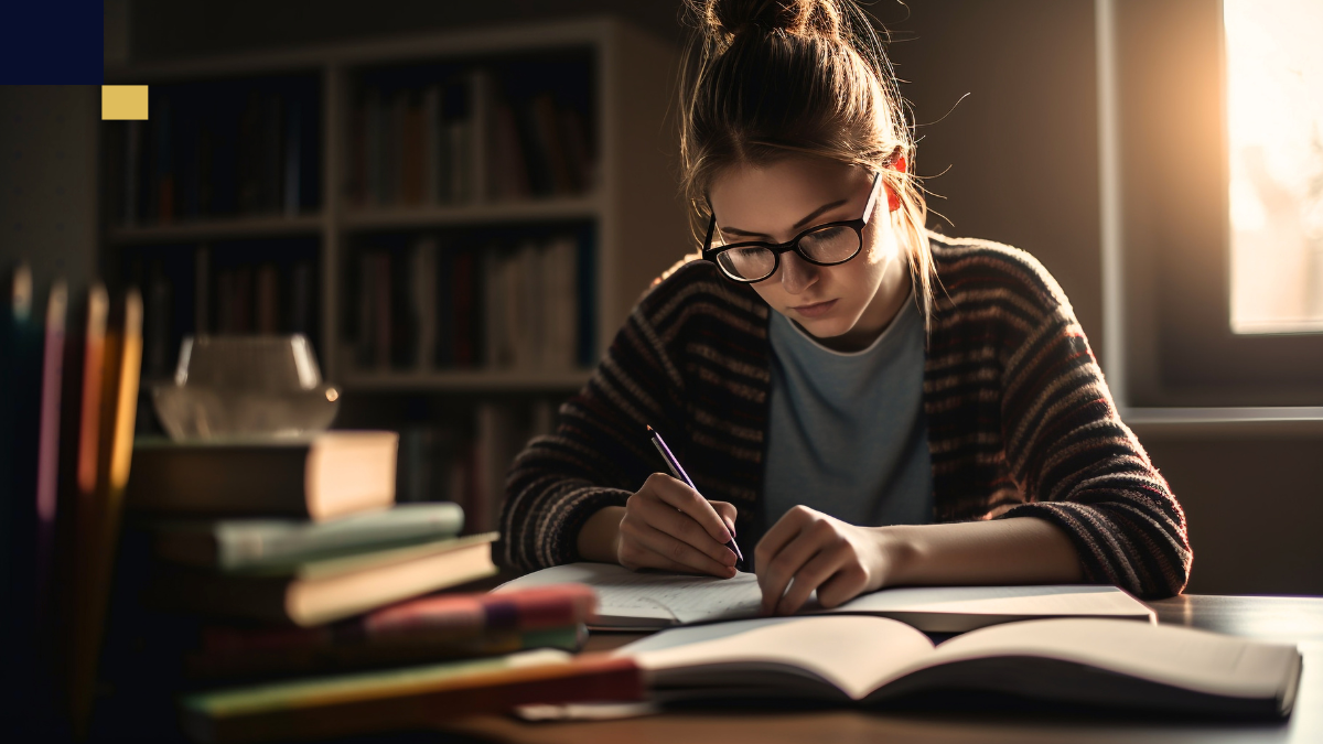 Estudiante universitaria escribiendo a mano en su escritorio, rodeada de libros y útiles, mientras revisa y realiza correcciones a su tesis en un ambiente de estudio iluminado por la luz natural.