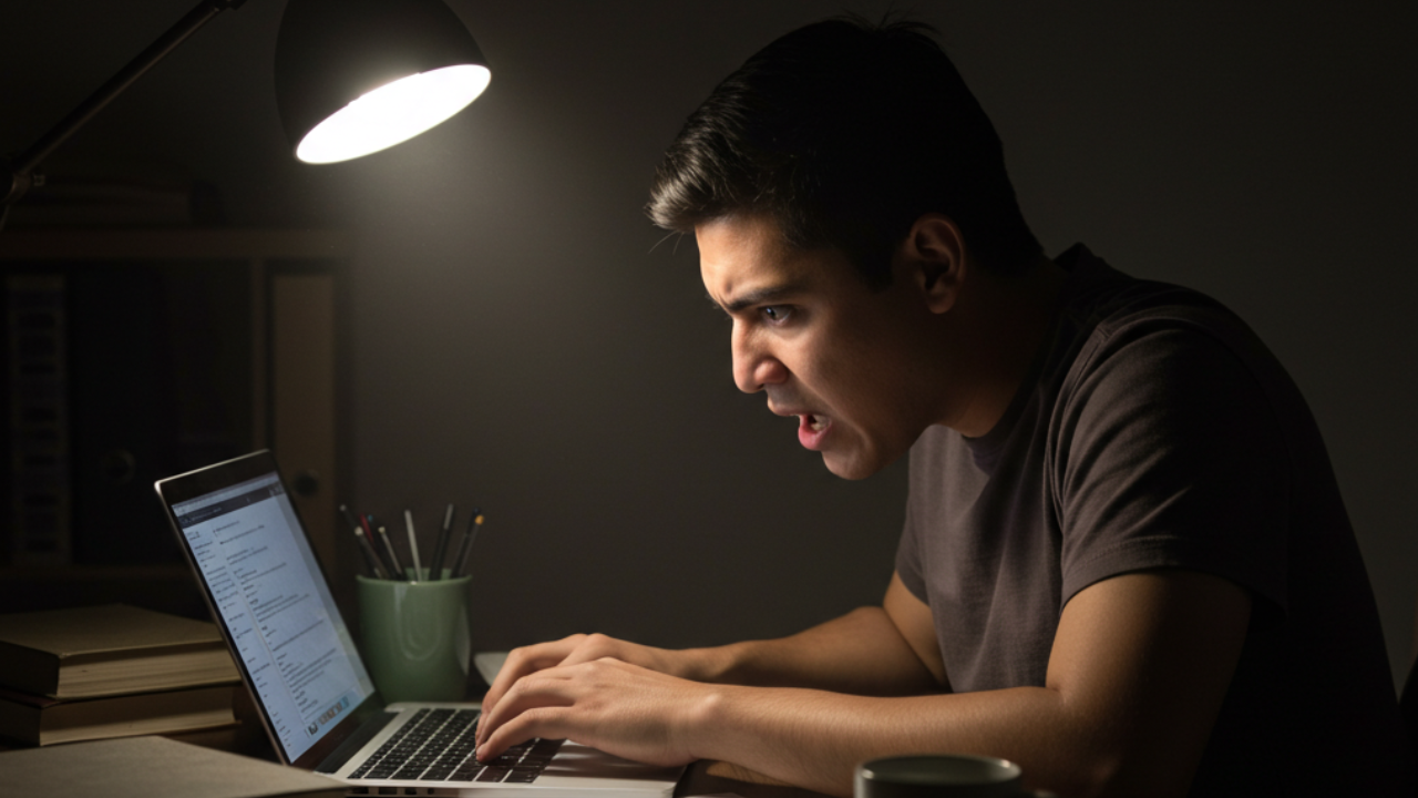 Estudiante investigando y redactando en laptop para elegir el tema de su tesis de Derecho