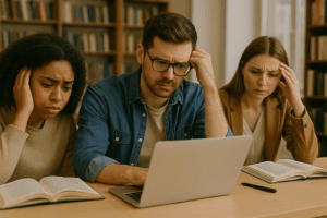 Estudiantes universitarios preocupados revisando su tesis frente al computador