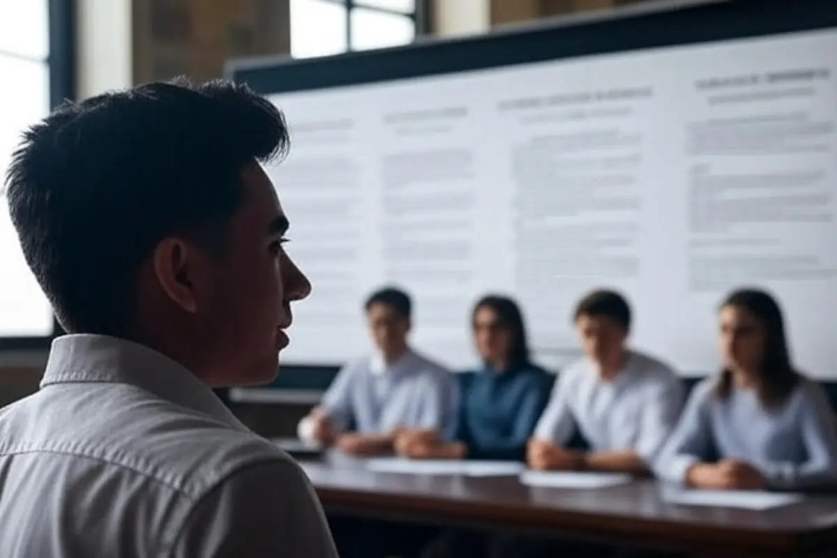 Criterios de Evaluación de Tesis en Presentación Académica Un estudiante de espaldas presentando su tesis ante un panel de evaluadores en una sala académica, con un gran documento de la tesis visible en el fondo, destacando los criterios de evaluación de tesis.
