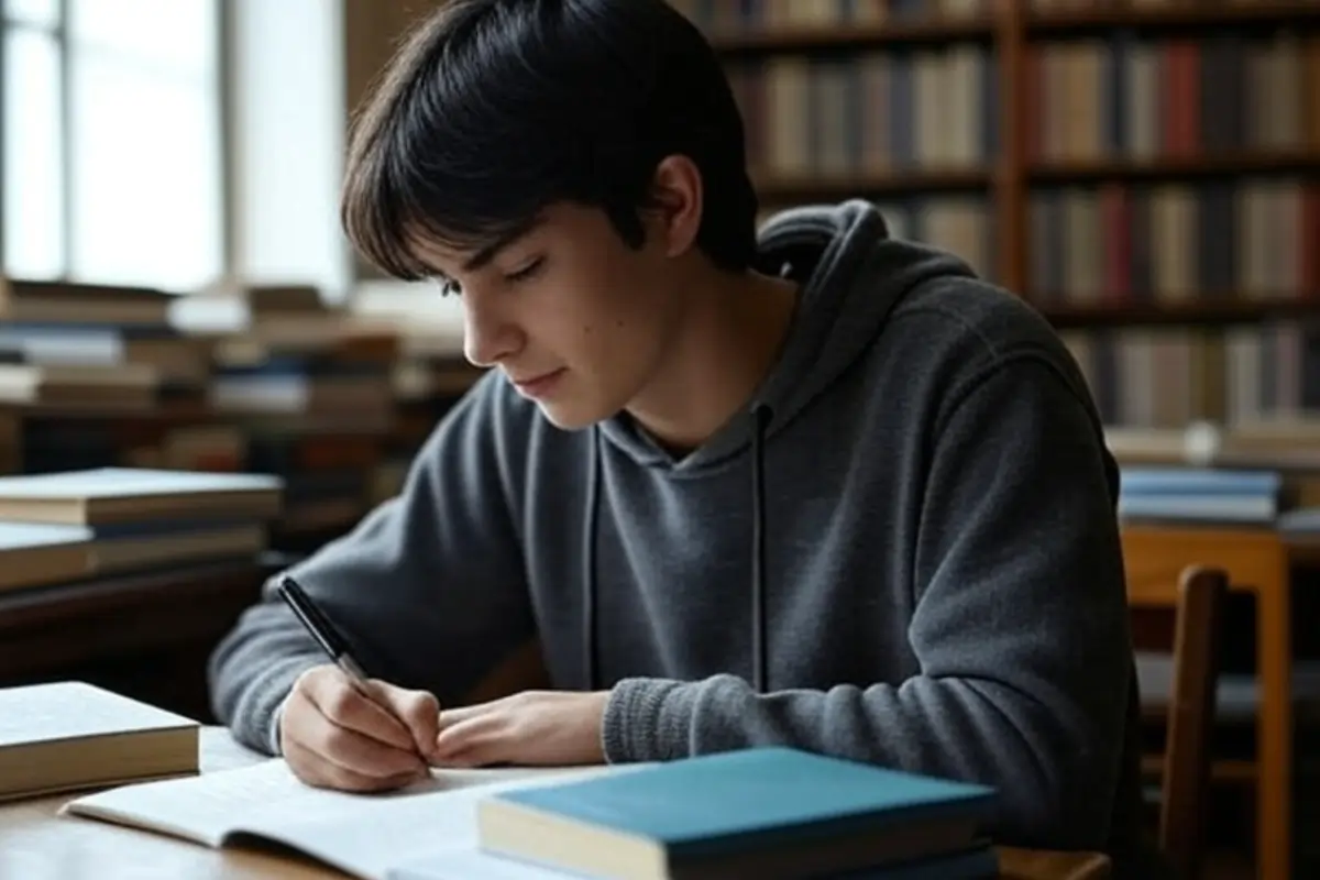 Un estudiante universitario escribiendo un ensayo literario en una biblioteca, rodeado de libros, con un cuaderno abierto y un bolígrafo en mano.